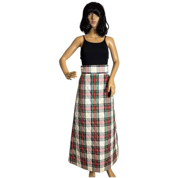 Vintage OOAK high waist A line quilted tartan red hoilday maxi skirt size Small - Picture 1 of 11